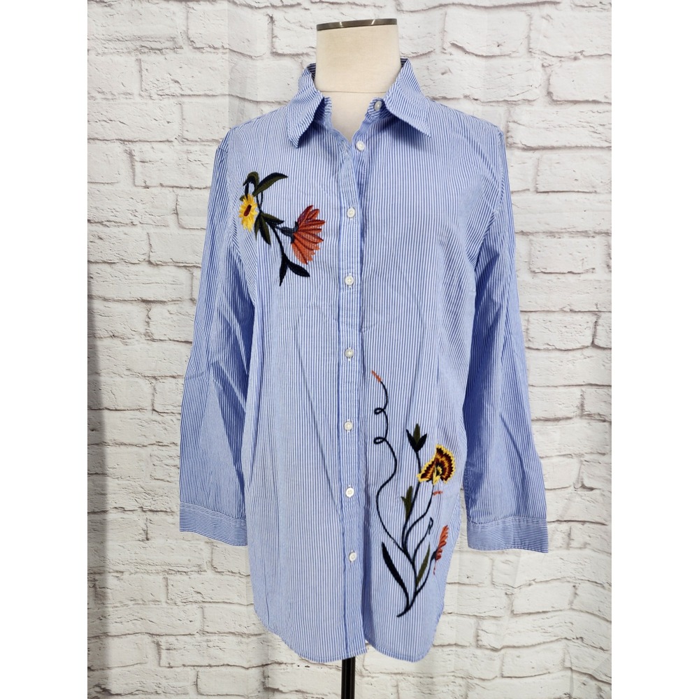 Talbots Top Coastal Beach Pinstripe Floral Embroidered Cotton Button Down Large